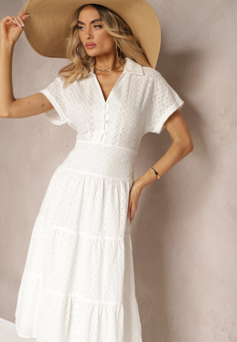 Rochie Albă Ajurată din Bumbac cu Mânecă Scurtă și Nasturi Obitha