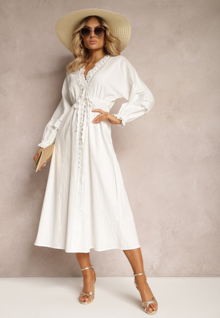 Rochie Albă din Bumbac cu Elastic în Talie și Inserții din Dantelă cu Curea din Material Larila