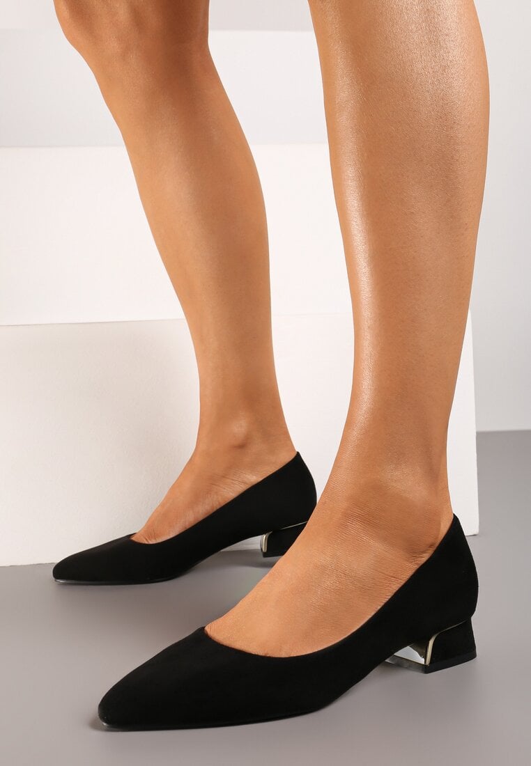 Pantofi cu toc gros Negri decorați cu aplicație metalică Panesha