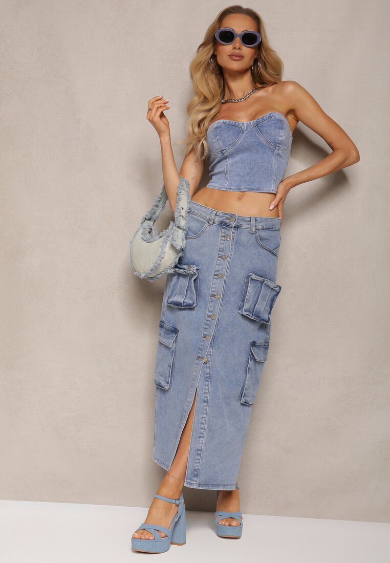 Fustă albastră casual din denim talie înaltă, decorată frontal cu nasturi și buzunare cu clapetă