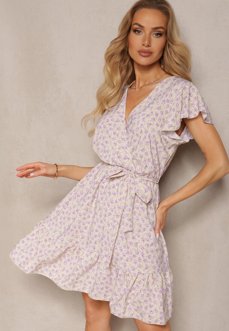 Rochie Bej-Violet Florală cu volane cu elastic în talie și curea din material textil Nannesa