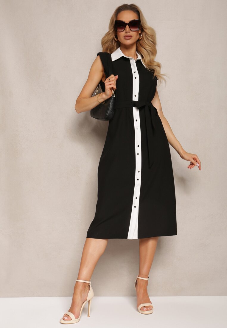 Rochie cămașă Elegantă Neagră cu curea din material și nasturi Ninelia