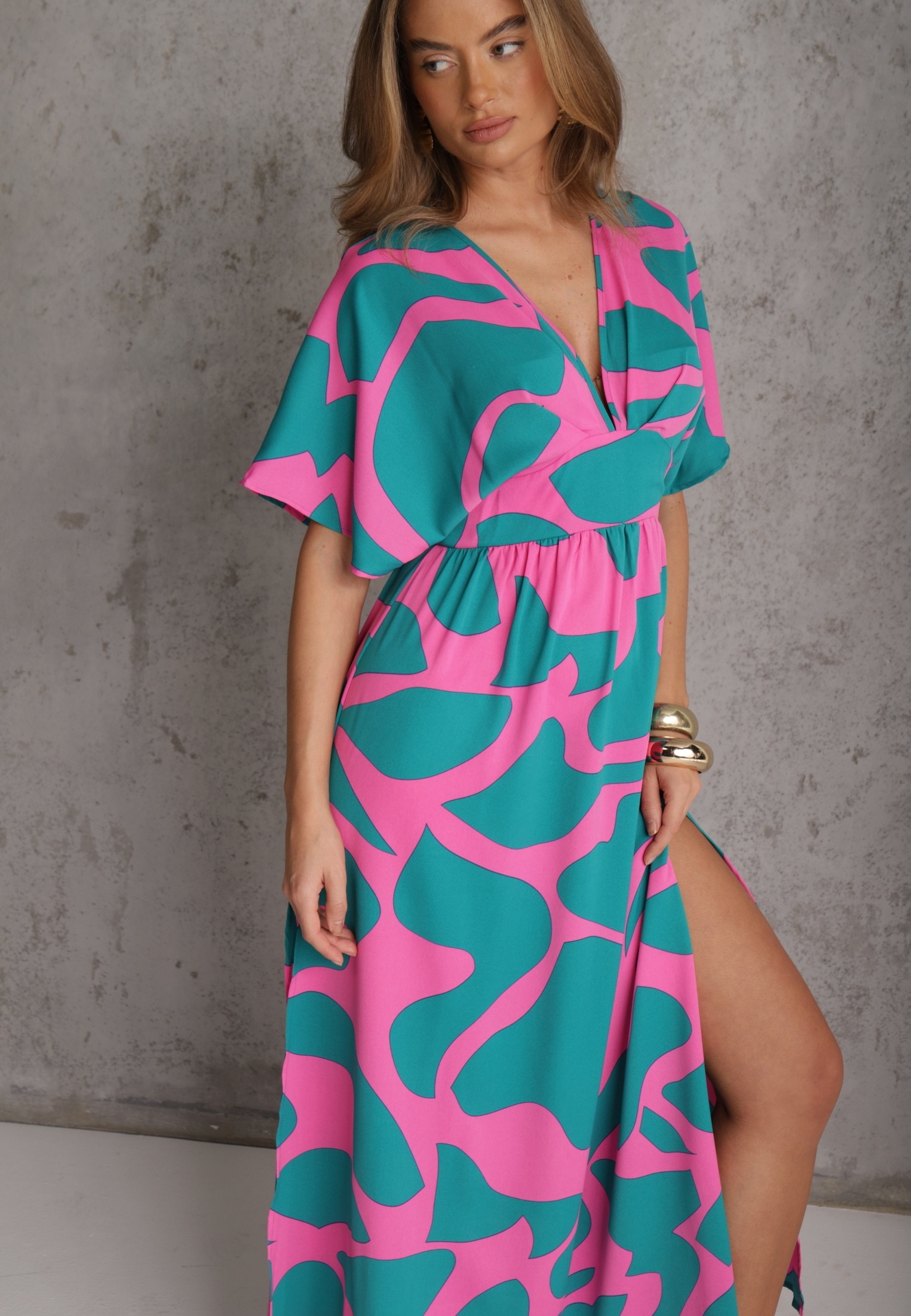 Rochie Albastru-Roz Cloș cu Elastic în Talie și Decupaje Fienda