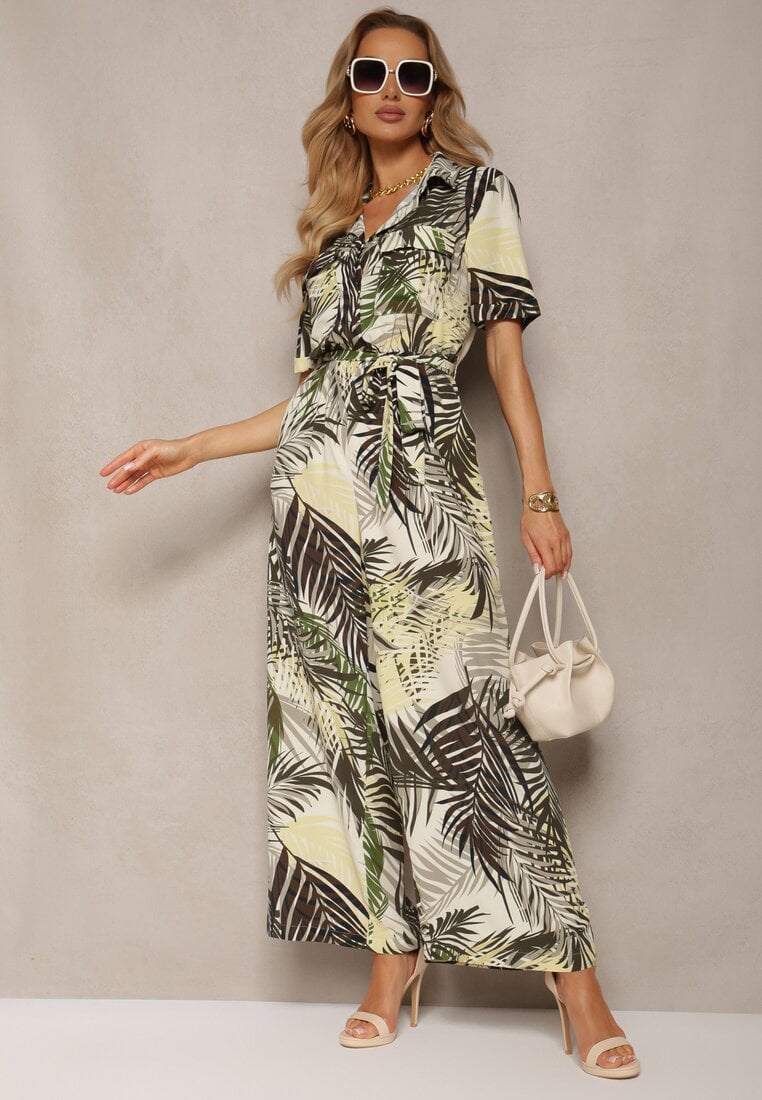 Salopetă Verde-bej cu mânecă scurtă cu elastic în talie și curea din material textil Efilove