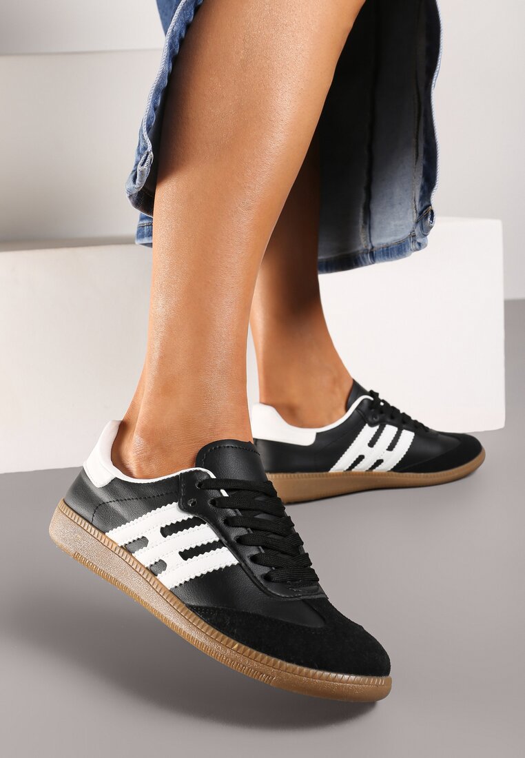 Sneakerși Negru-Alb Casual cu Șireturi, cu Talpă Plată și Benzi Laterale Weiara