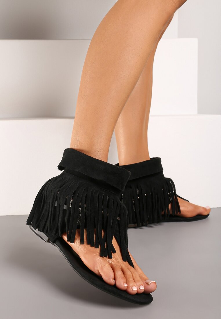 Sandale Negre de tip Papuci Boho cu partea superioară înaltă cu franjuri Effimay