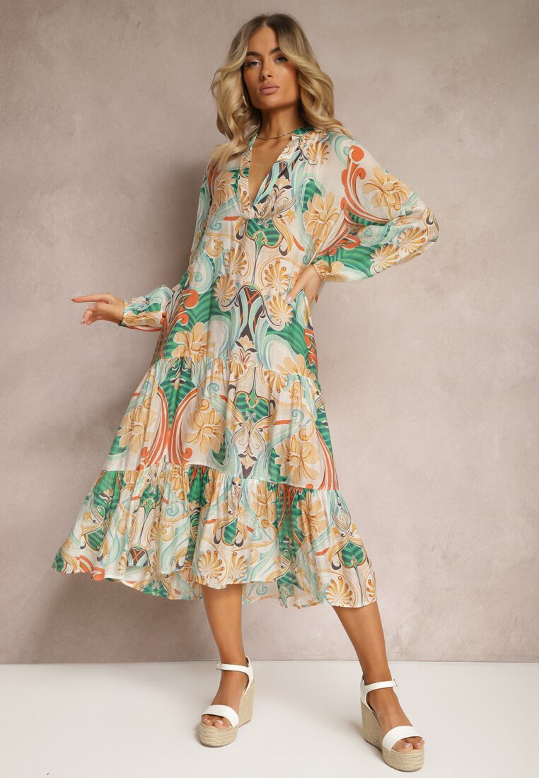 Rochie Bej-Verde cu croială evazată cu mânecă lungă și volan Dollati