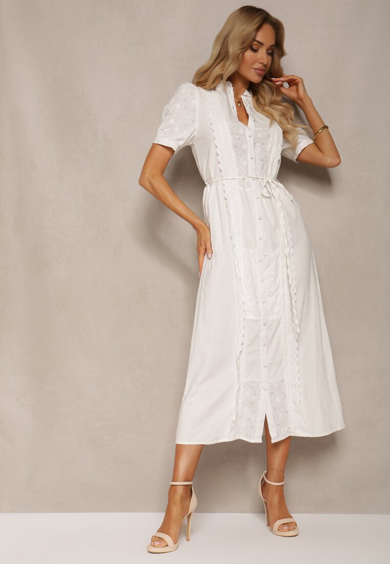 Rochie Albă din Bumbac cu Cordon Decorată cu Dantelă Virona