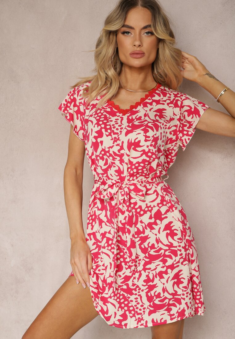 Rochie roșu-bej cu decolteu din plasă cu mânecă scurtă și curea textilă Mleasa