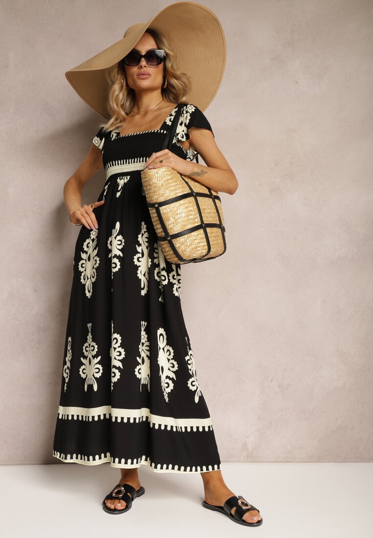 Rochie Neagră Vâscoză Boho cu Volane și Elastic în Talie cu Bretele Late Dreria