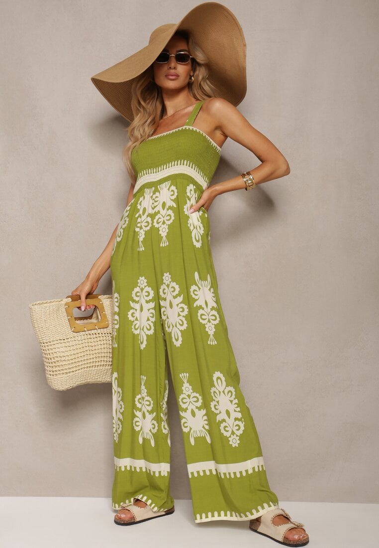 Salopetă Verde din viscoză cu decolteu încrețit și bretele, cu pantaloni lungi Amperia