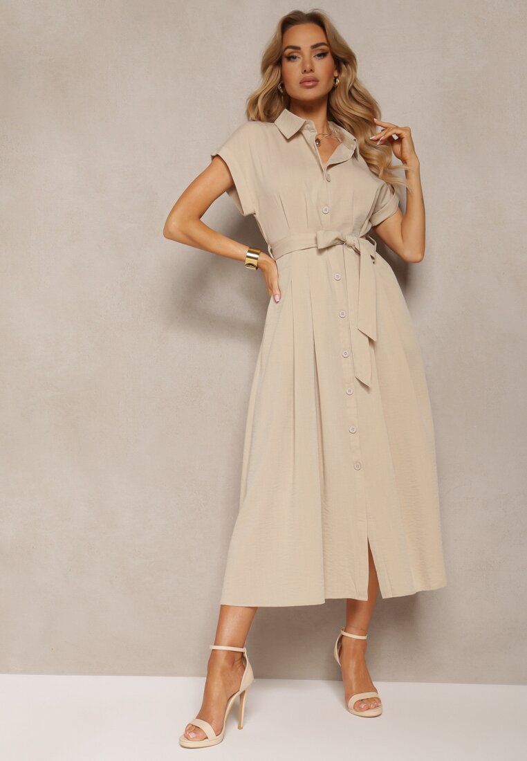 Rochie Bej cu croială evazată încheiată cu nasturi cu cordon textil Moaril