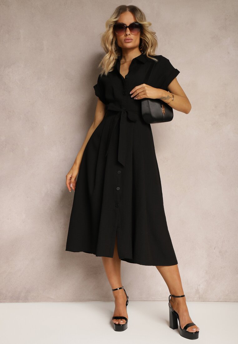 Rochie Neagră cu croi evazat, cu nasturi și cu cordon din material Moaril