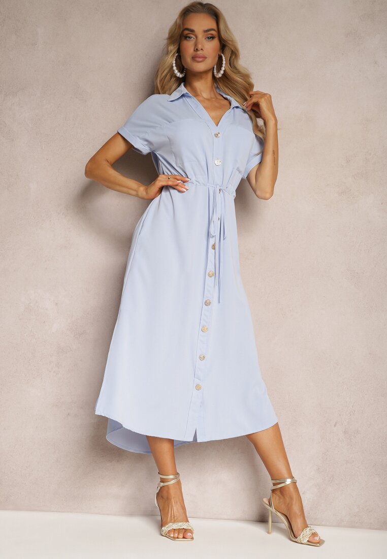 Rochie Cămașă Albastră cu Curea din Material închisă cu Nasturi Quintia