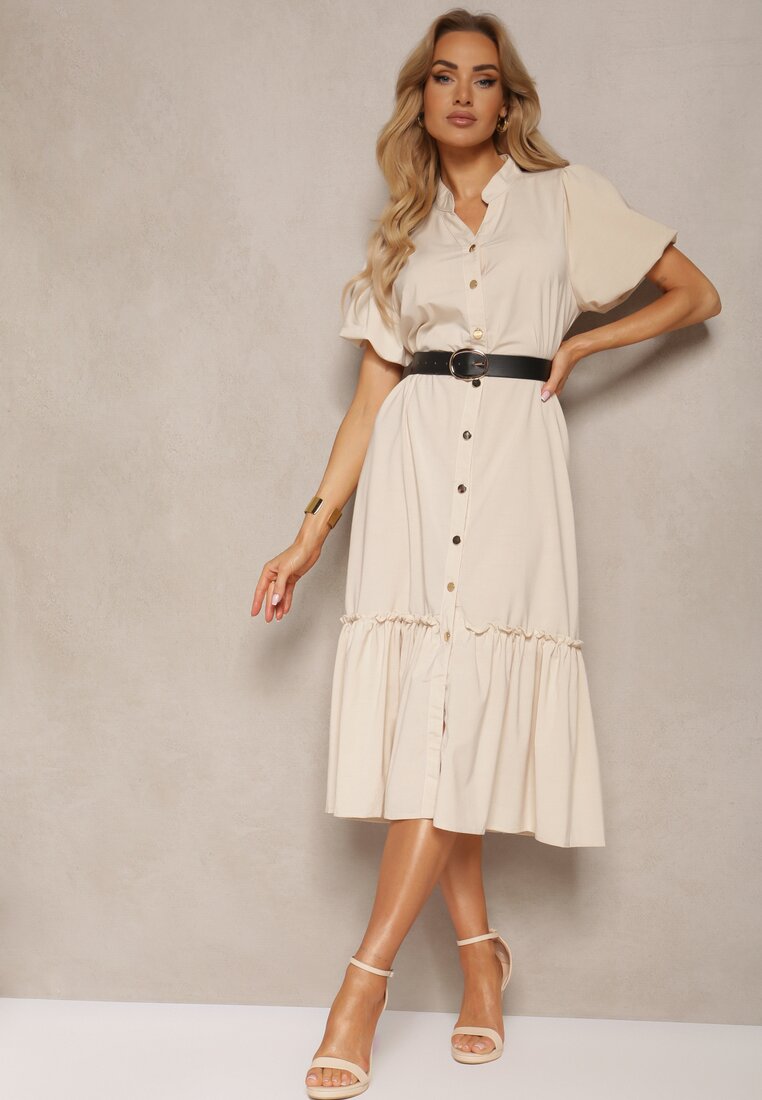 Rochie Evazată Bej cu Nasturi cu Centură din Piele Ecologică și Mânecă Scurtă Wontia