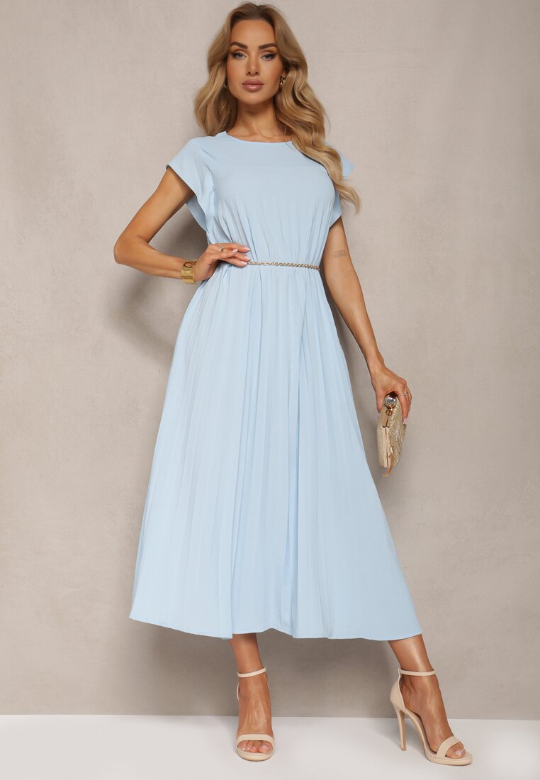 Rochie Evazată Albastră cu Pliuri și Mânecă scurtă Hevina