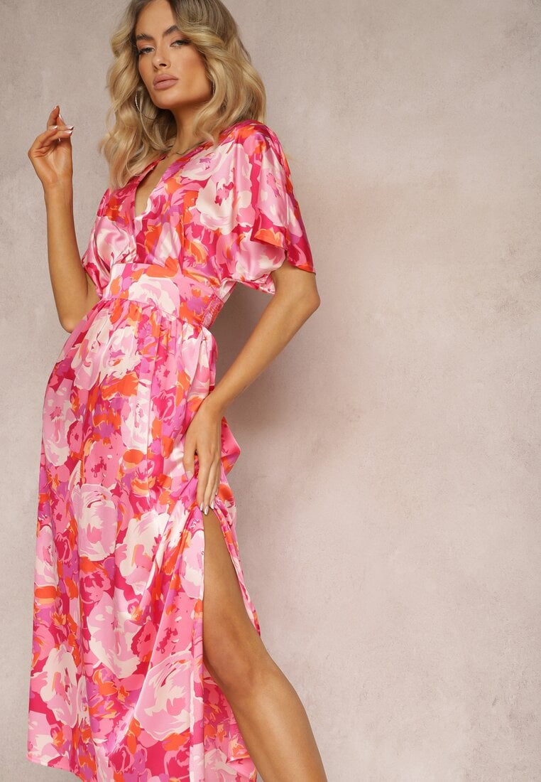 Rochie Satine Roz cu Bust Petrecut Mâneci Largi și Croi Evazat Karlemia