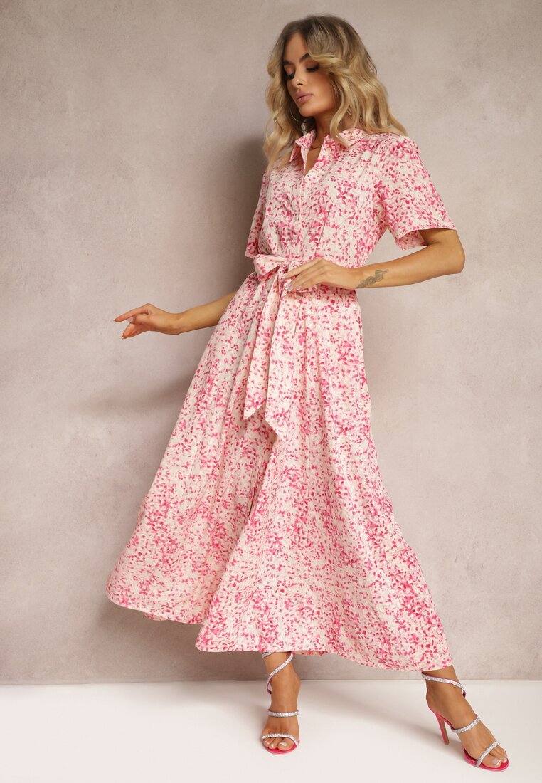 Rochie tip cămașă roz florală cu cordon din material Freria