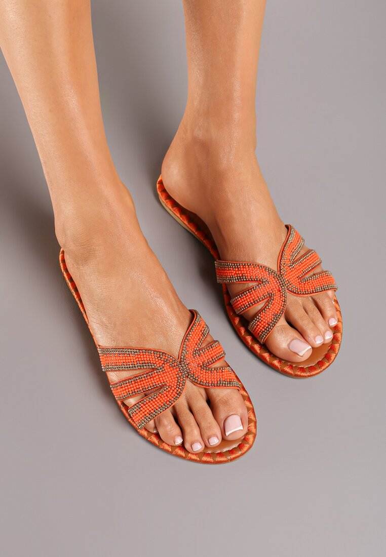 Papuci Portocalii cu Talpă Plată cu Decorațiuni Vornia
