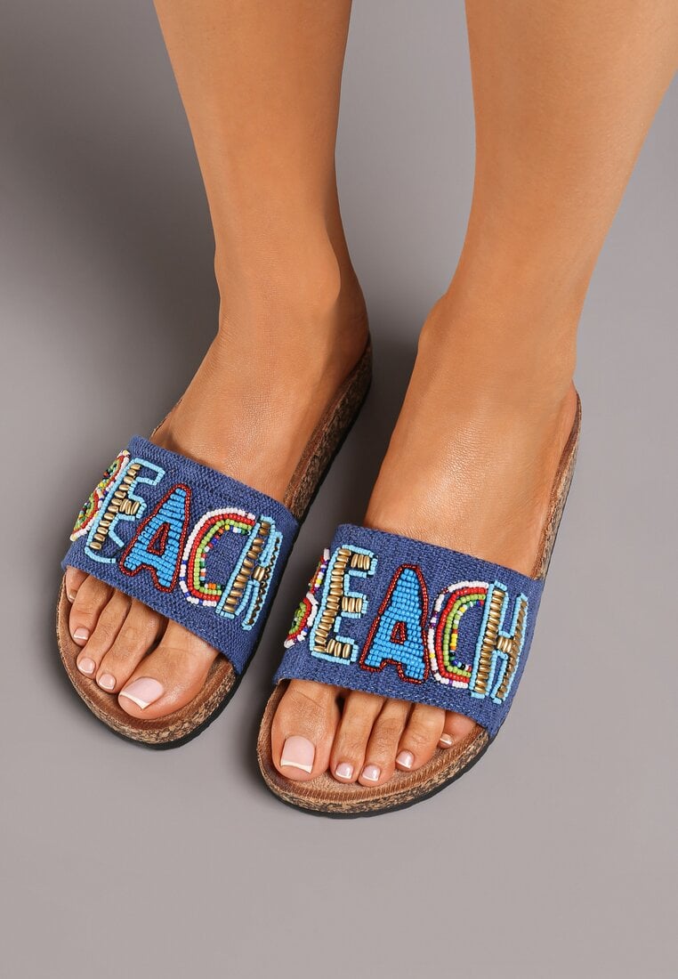 Papuci Albastre pe Talpă Plată de Plută cu Inscripție Decorativă Cedemia