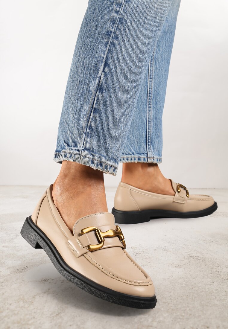 Mocasini Bej cu Talpă Plată Decorați cu Cataramă Relabra