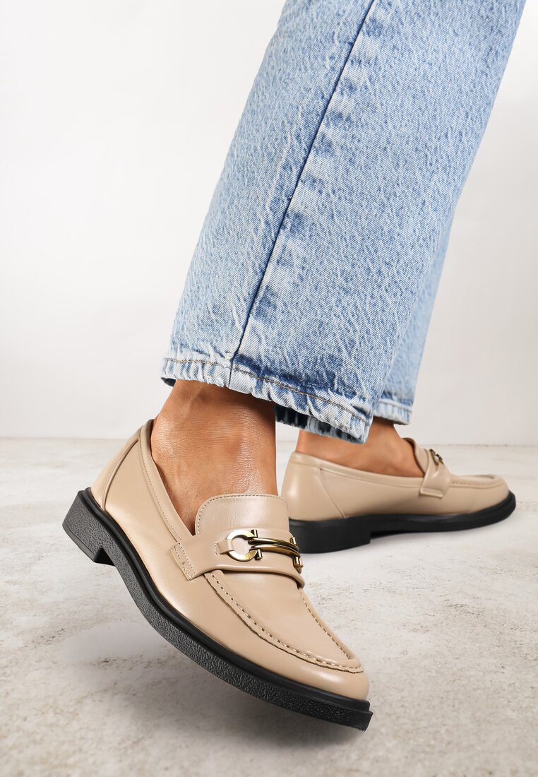 Mocasini Bej cu Talpă Plată Decorați cu Aplicație Metalică Evaretha