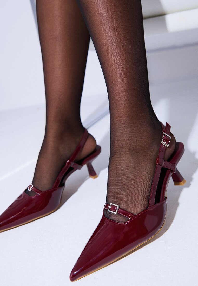 Pantofi Bordo cu toc cui tip rățușcă Peep Toe decorați cu catarame Evalssia