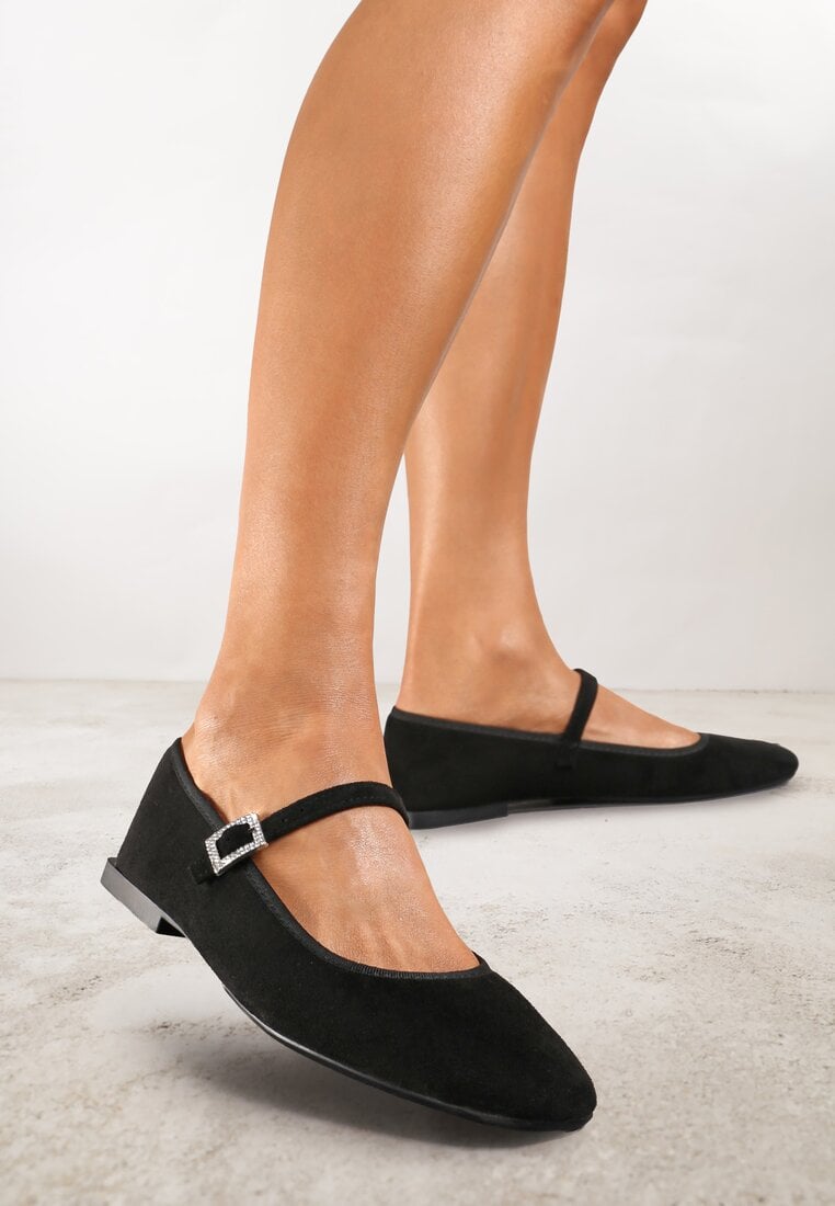 Balerini Negri din Imitație de Velur cu Vârf Pătrat și Închidere cu Cataramă Ivaleria