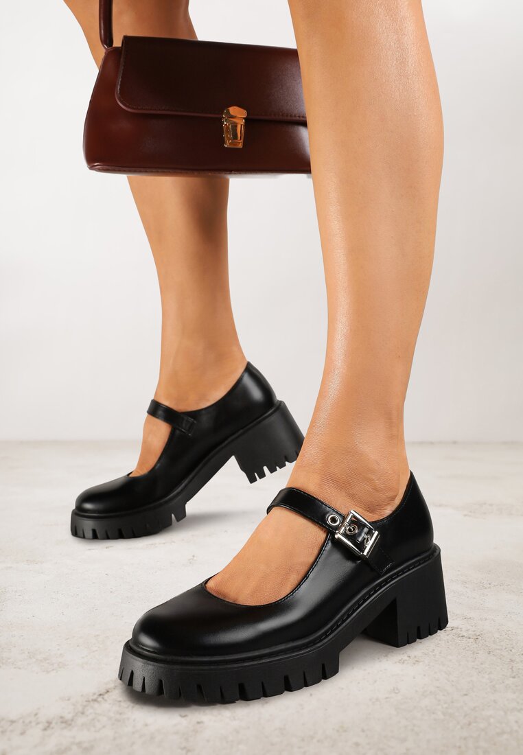 Pantofi Negri Mary Jane cu toc bloc și platformă în relief Evanelle