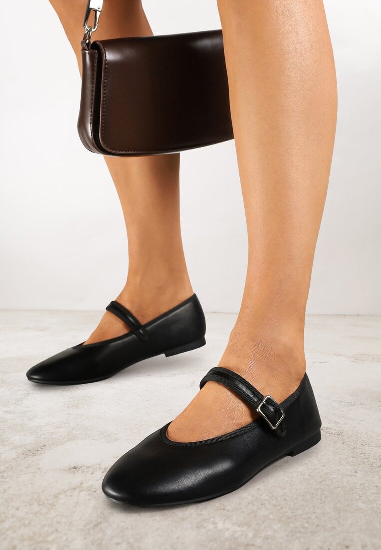 Balerini Negri Vices cu Curea Decorativă cu Cataramă și Vârf Rotund Cesista