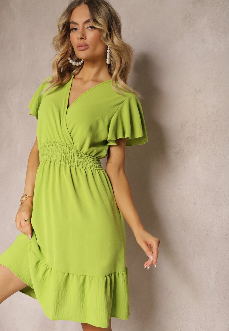 Rochie Verde deschis cu Volane și Elastic încrețit în Talie Edenia