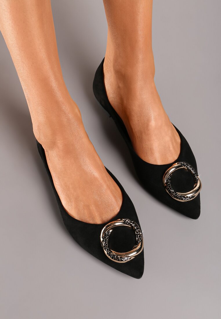 Balerini Negri Plați Decorați cu Aplicație cu Finisaj Auriu Edolia