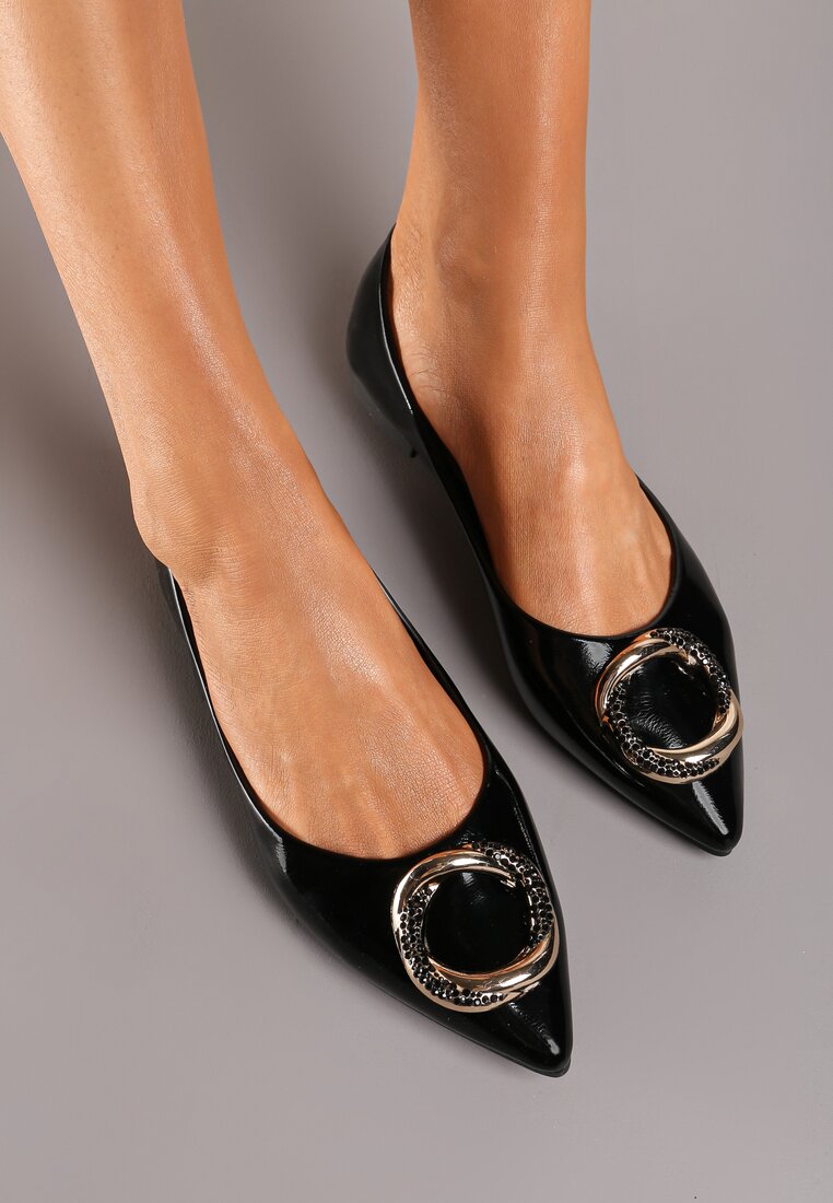 Balerini Negre cu talpă plată cu aplicație metalică decorată cu zirconii Frapapia