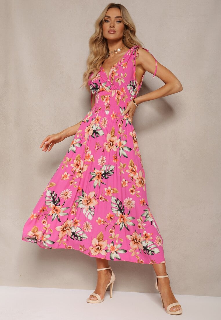 Rochie Roz Florală cu Elastic în Talie și Decolteu Triunghiular cu Nervuri Taseria