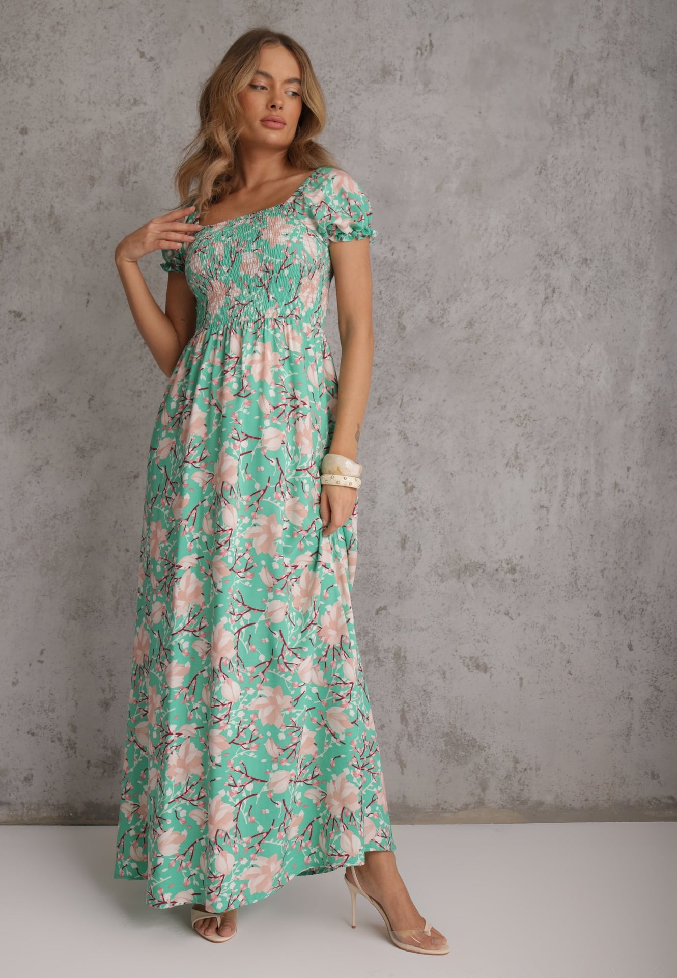 Rochie Florală Verde evazată cu bust încrețit Eliseria