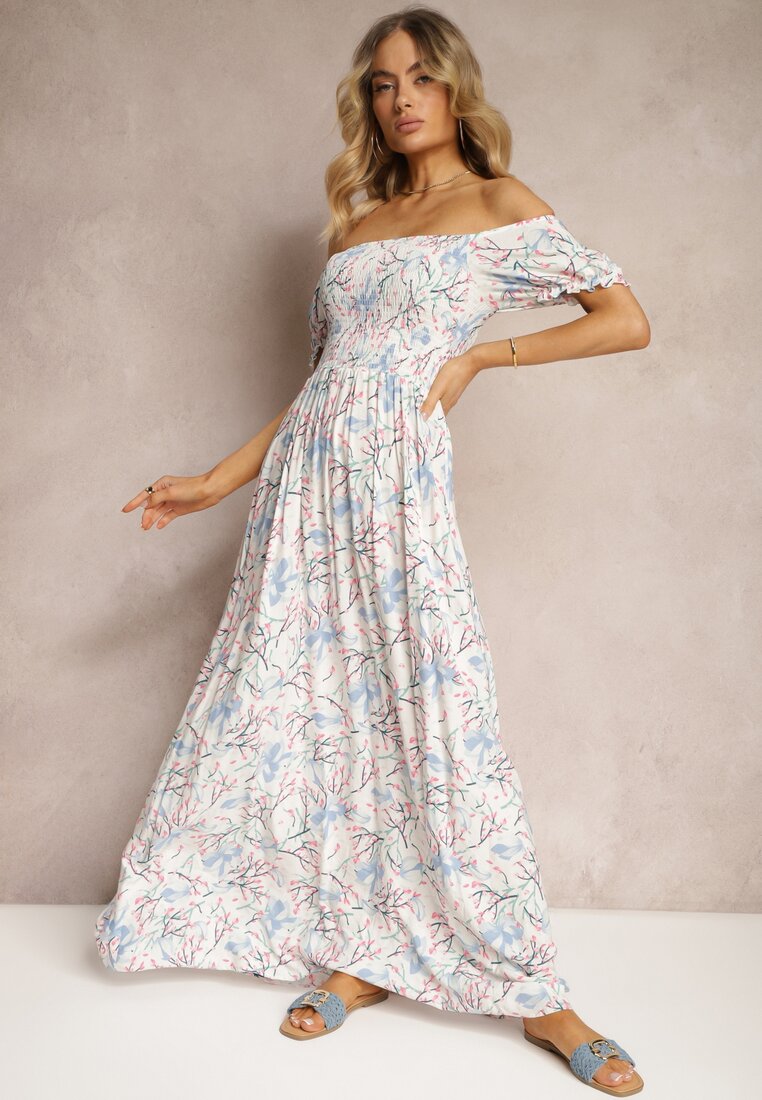 Rochie Florală Alb-Bleu cu croială evazată și bust încrețit Eliseria