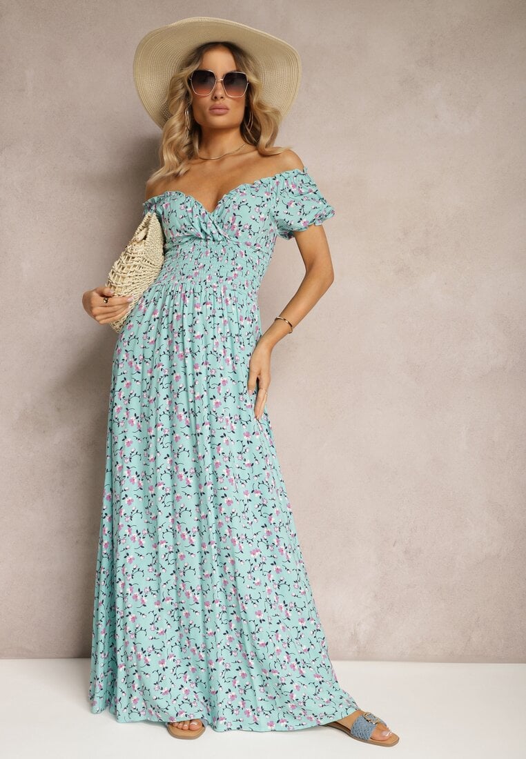 Rochie Albastră din Viscoză cu Imprimeu Floral, cu Decolteu în V și Elastic în Talie Lasteri