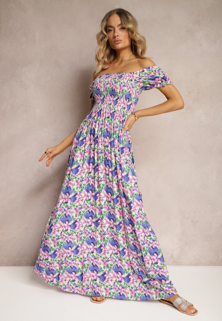 Rochie spaniolă Violet-Verde cu croi evazat și elastic la decolteu Kaseria