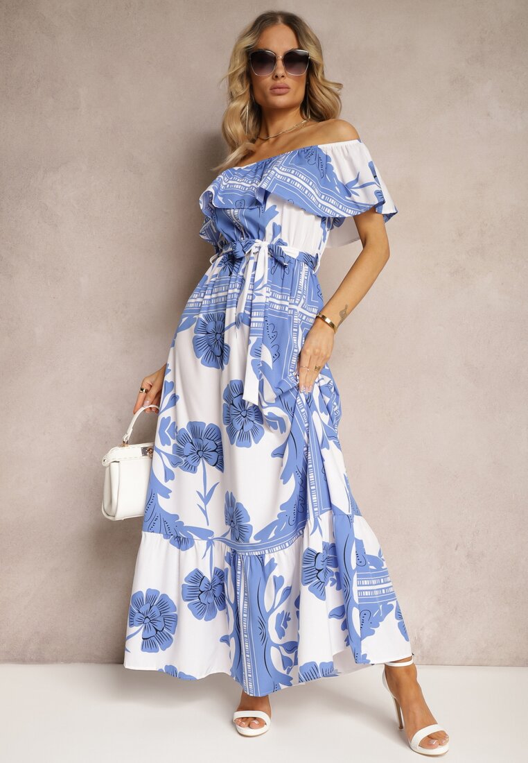 Rochie albastru-albă Tip Spaniolă cu Elastic în Talie și Curea Textilă Decorată cu Volan Woneri