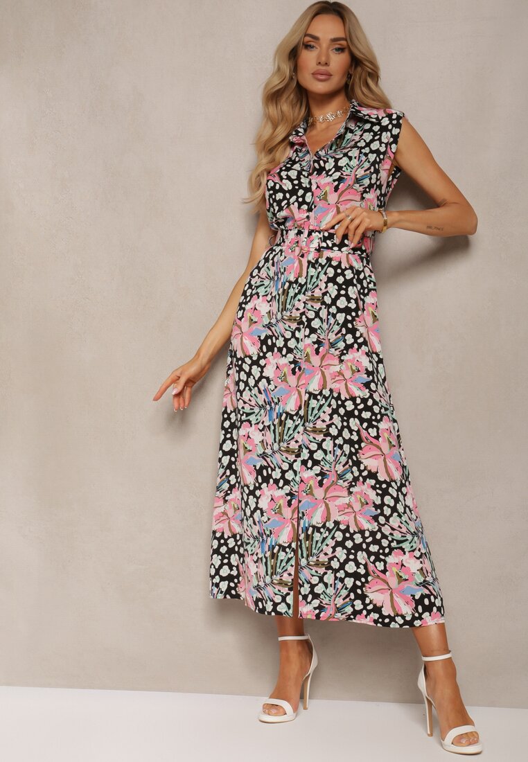 Rochie cămașă Negru-Roz cu nasturi, cu centură din material, florală Leapia