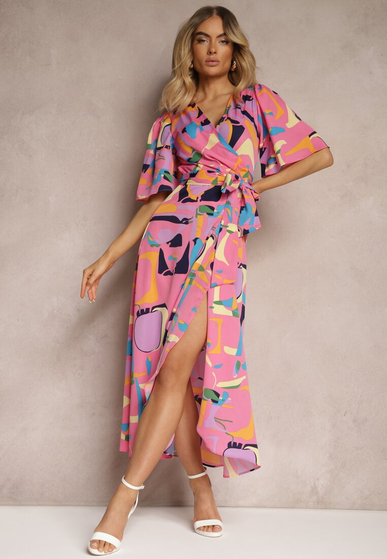 Rochie petrecută roz cu decolteu triunghiular și curea din material în talie Minolia