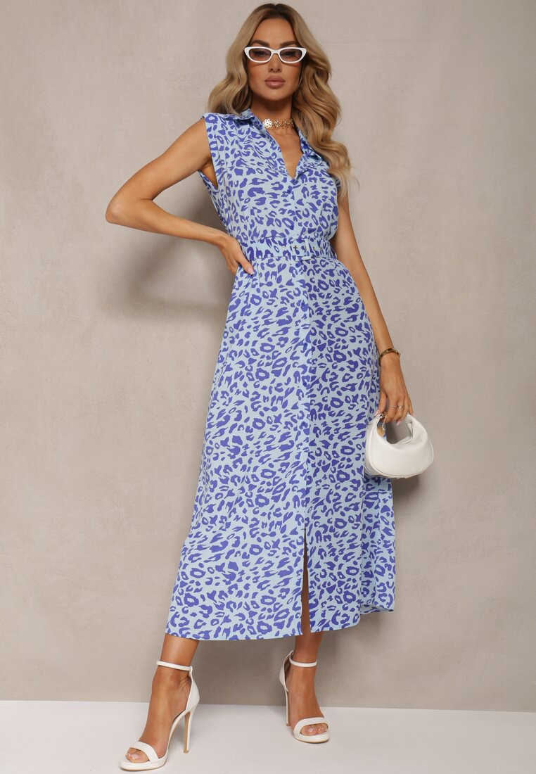 Rochie Cămașă Albastră cu curea din material și nasturi cu imprimeu animalier Wospia