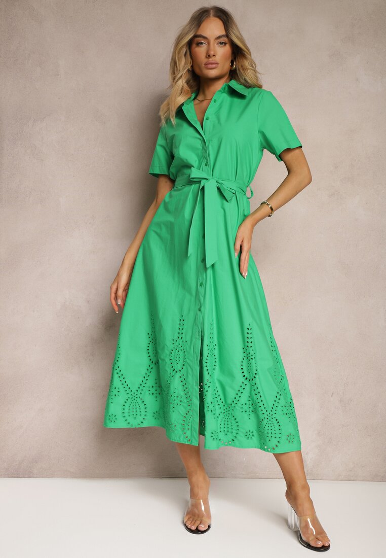Sukienka Bawełniană Verde cu finisaj ajurat cu centură în talie închisă cu nasturi Dimosha