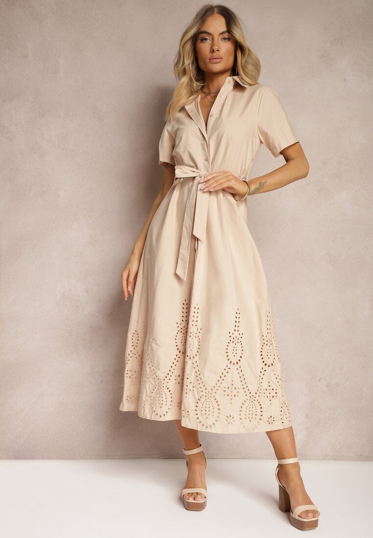 Rochie Bej de bumbac cu finisaj ajurat cu curea în talie încheiată cu nasturi Dimosha