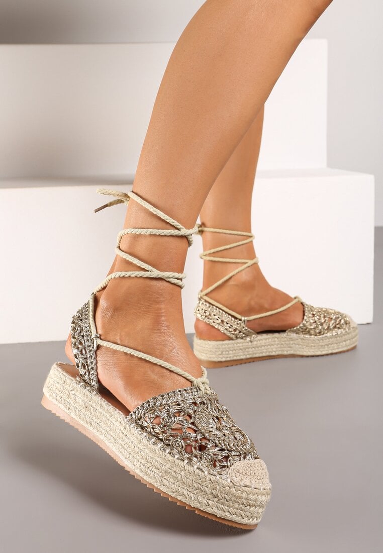 Espadrile Aurii Legate Perforate pe Talpă Împletită Talea