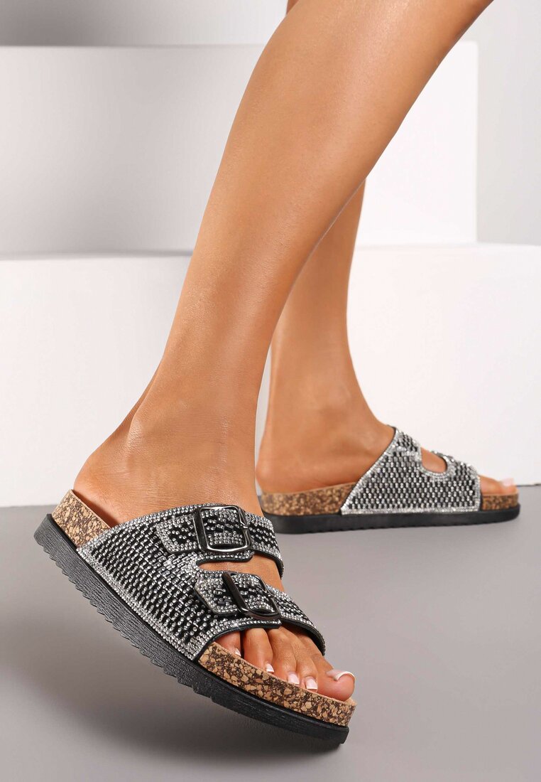 Papuci Negri cu Talpă Plată de Plută cu Strasuri și Catarame Metalice Elaxi