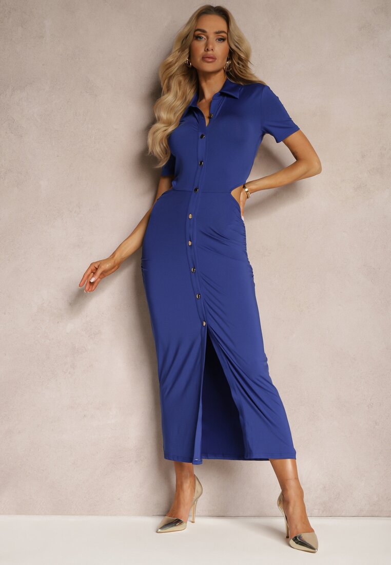 Rochie Bleumarin Tip Cămașă Încheiată cu nasturi, cu decupaje decorative în talie și încrețituri Tavlea