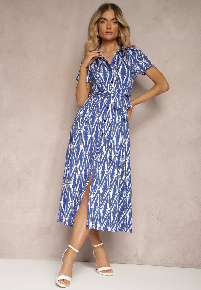 Rochie tip cămașă bleumarin cu cordon textil și nasturi cu imprimeu geometric Usklea