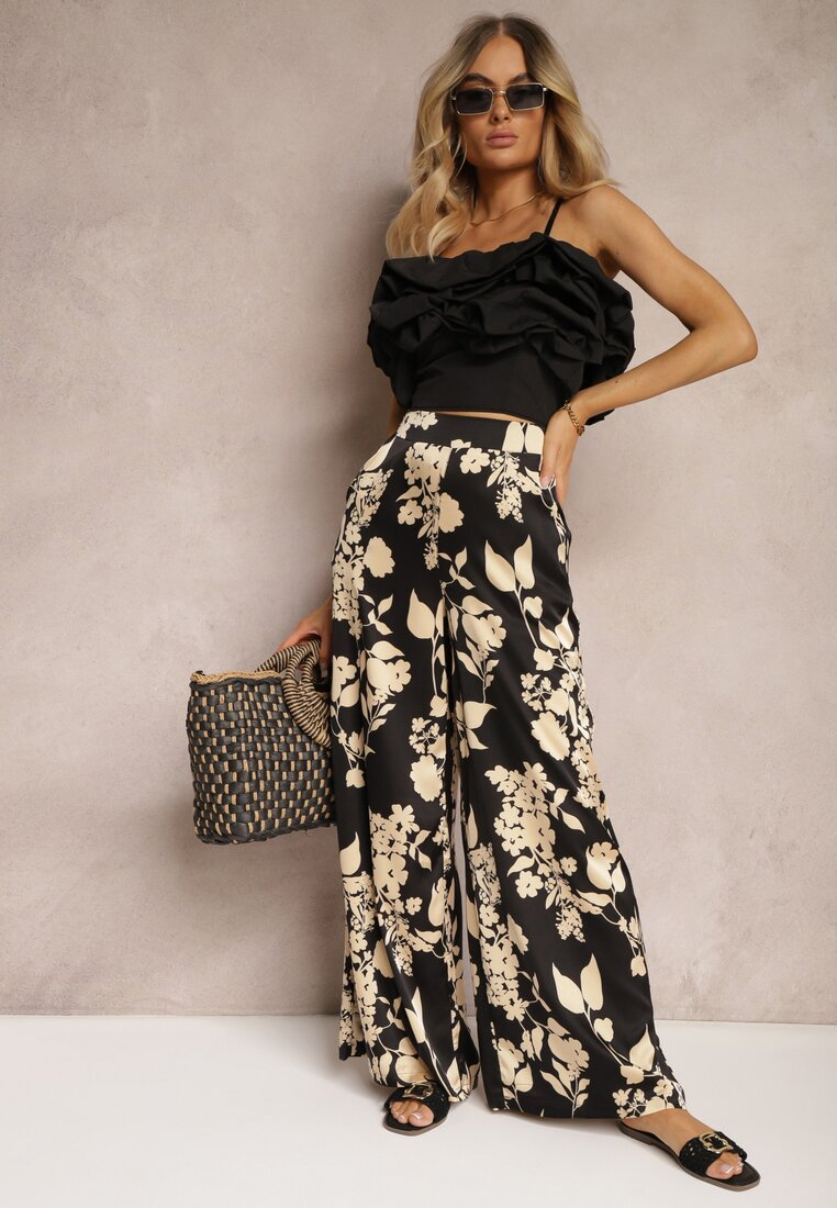 Pantaloni Palazzo Largi Negru-Bej cu elastic în talie și talie înaltă Dimianna