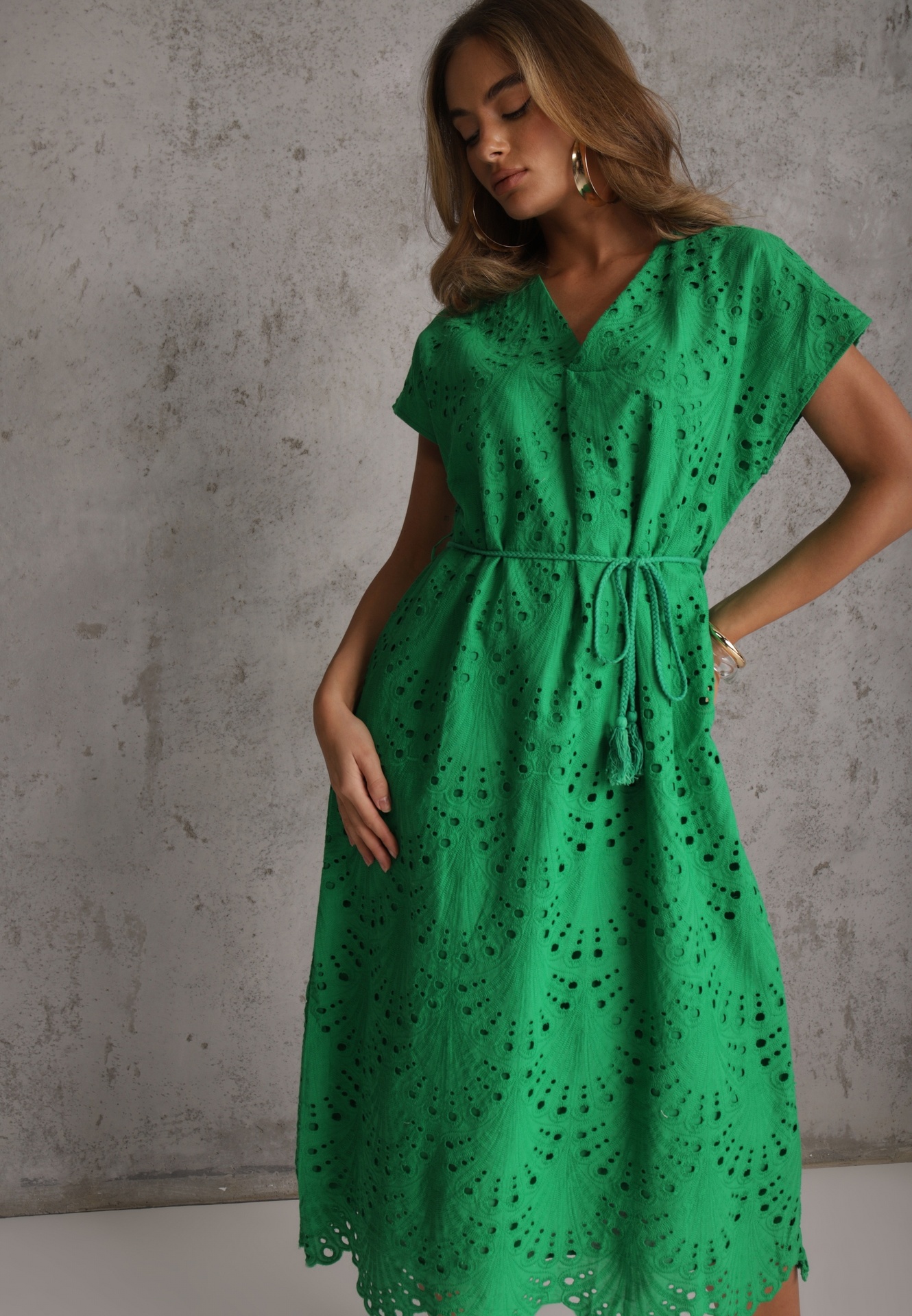 Rochie Verde din Bumbac Decorată cu Broderie cu Mânecă Scurtă și Curea din Material Dimisha